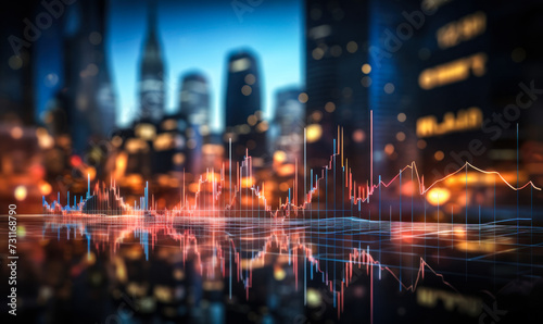 Financial Data Analysis Graph Overlay on Blurred Cityscape Background, Concept of Stock Market Trends, Economic Forecasts in Urban Setting