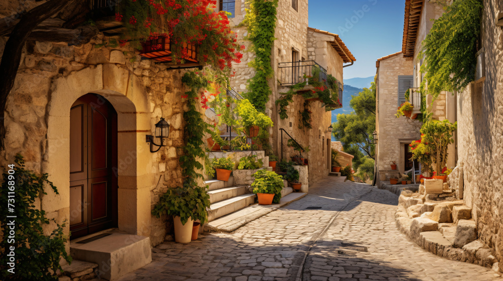 Street in medieval Eze village at French Riviera.