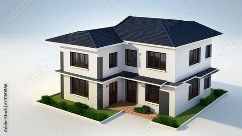 3d house model rendering on white background, Clean and precise 3D illustration modern cozy house. Concept for real estate or property.