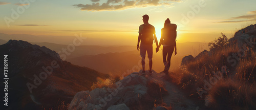 silhouette of two people hiking on the top of a mountain