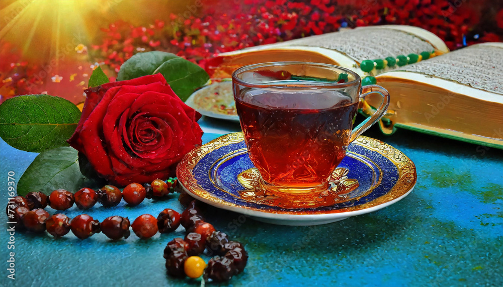 Dates are an indispensable food at the dinner table during Ramadan. A plate of dates and cups of tea on the dining table. Ramadan concept Dates are an indispensable food at the dinner table during Ramadan. A plate of dates and cups of tea on the dining table. Ramadan concept