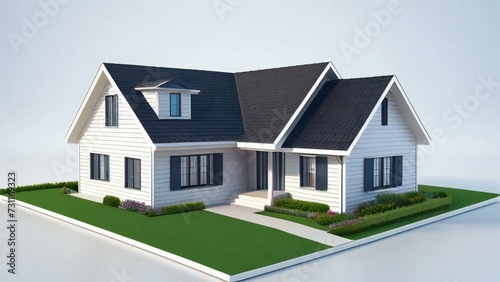 3d house model rendering on white background, Clean and precise 3D illustration modern cozy house. Concept for real estate or property.