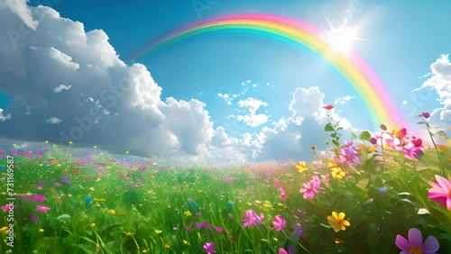 Magical green spring landscape with colorful rainbow. Layers of flowers over the vast meadows under a rainbow on a sunny day. Summer background with blue sky. Sparkling 4k Video fantasy