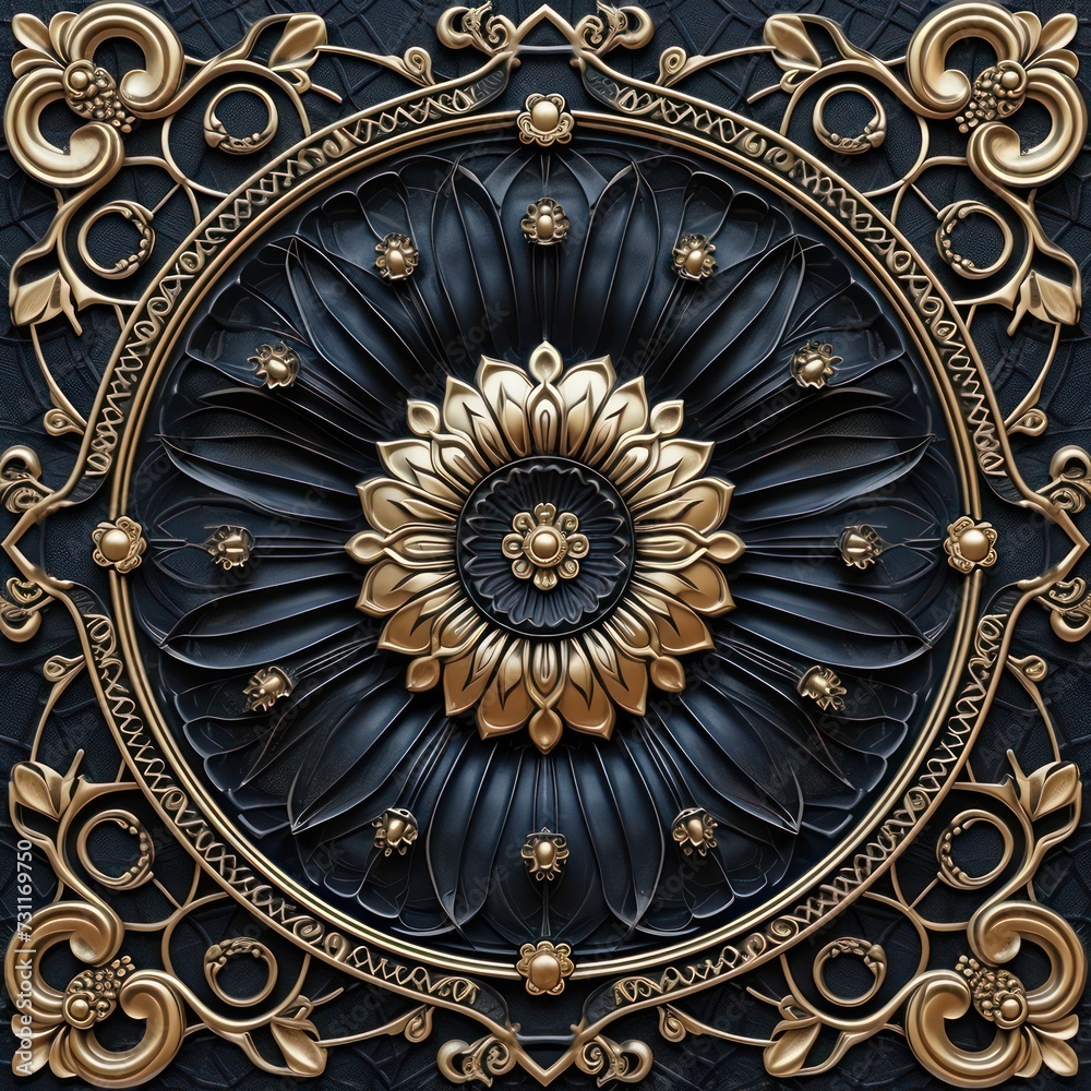 Black and gold Victorian-themed 3D wallpaper for the ceiling, complemented by a decorative frame background.