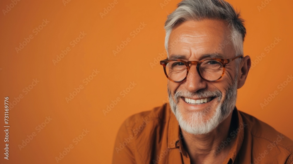 The image shows a man with a beard and gray hair wearing glasses and a brown shirt smiling against an orange background.