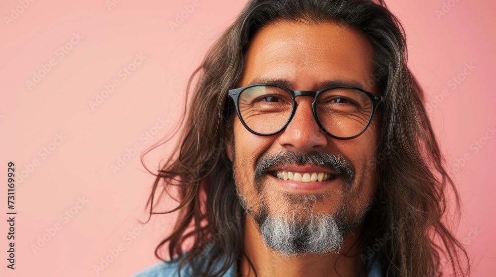 Smiling man with long hair beard and glasses against pink background. Smiling man with long hair beard and glasses against pink background.