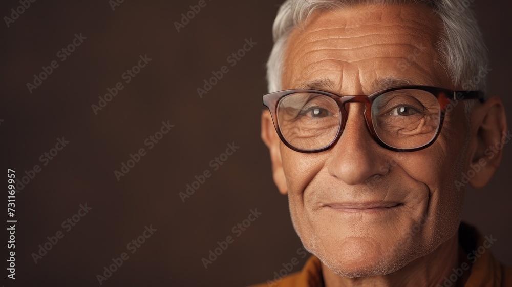 An elderly man with white hair wearing glasses and smiling gently against a blurred background.