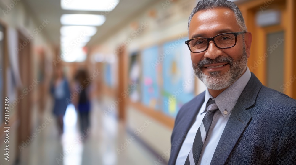 School principal in a bustling school corridor School principal in a bustling school corridor