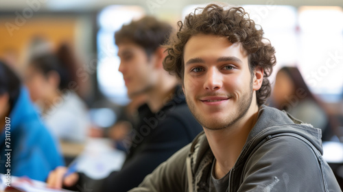 Male college student smiling while sitting in a classroom, studying with copy space available.