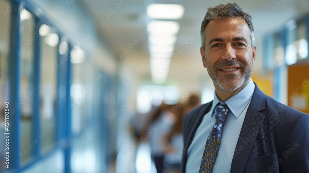 School principal in a bustling school corridor School principal in a bustling school corridor