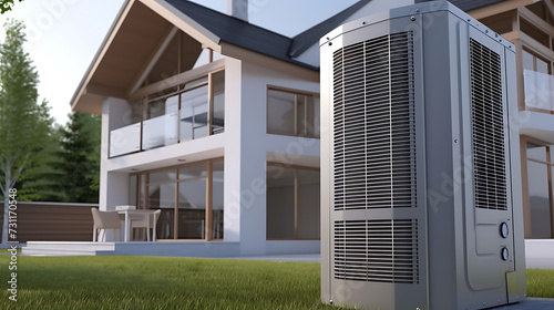 Close-up view of a standard air heat pump installed near a contemporary house.