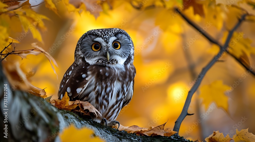 boreal owl in autumn leaves