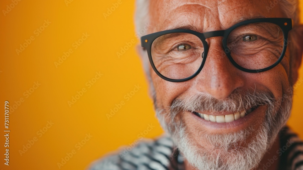 Smiling man with white beard and glasses wearing striped shirt against orange background. Smiling man with white beard and glasses wearing striped shirt against orange background.