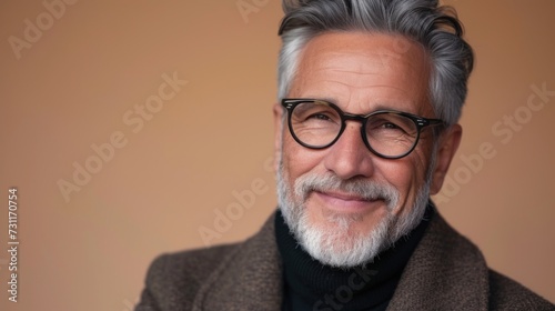 Smiling man with gray hair beard and glasses wearing a brown jacket and black turtleneck against a warm orange background. © iuricazac