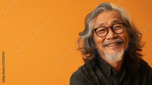 The image is a portrait of an older man with a beard and mustache smiling warmly at the camera. He has gray hair and is wearing glasses. The background is a solid warm orange color. photo