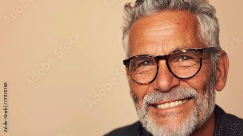 Smiling older man with gray hair wearing glasses and a dark shirt against a light beige background. photo