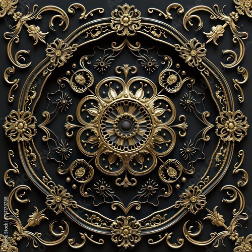 Ceiling wallpaper with a Victorian-style black and gold design in 3D, accentuated by a decorative frame background. © Matthew
