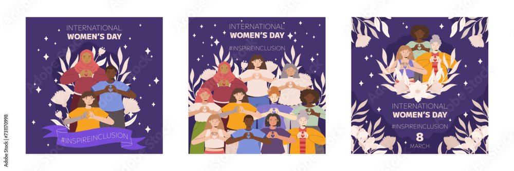 IWD Inspire Inclusion campaign, International Women's Day 2024 Square social media post template collection features a diversity of women making the heart gesture with their hands