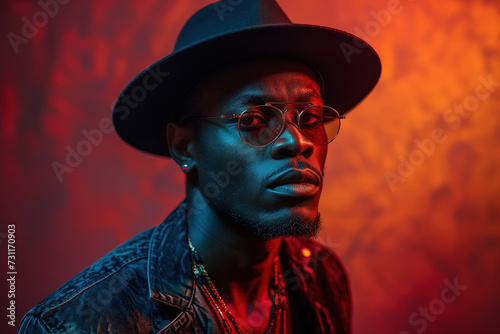 An African-American man stands in front of a bold red background, confidently wearing a stylish hat and glasses.