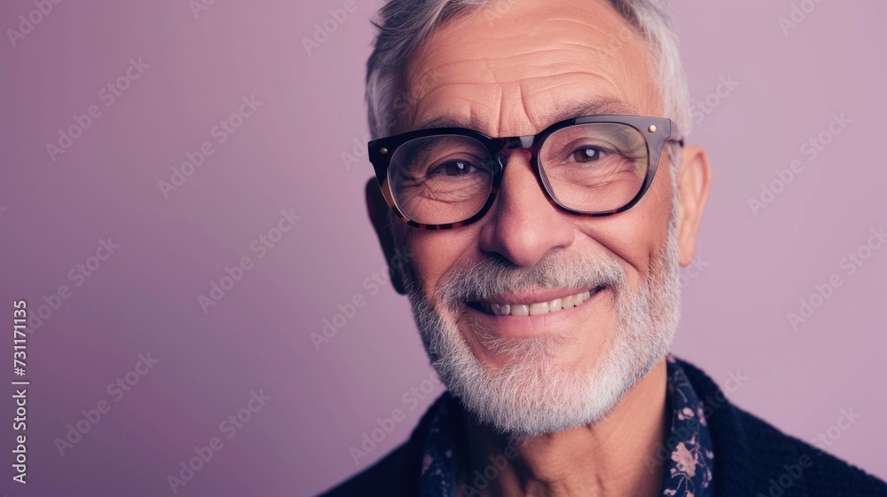 A man with a white beard and glasses smiling against a purple background. A man with a white beard and glasses smiling against a purple background.