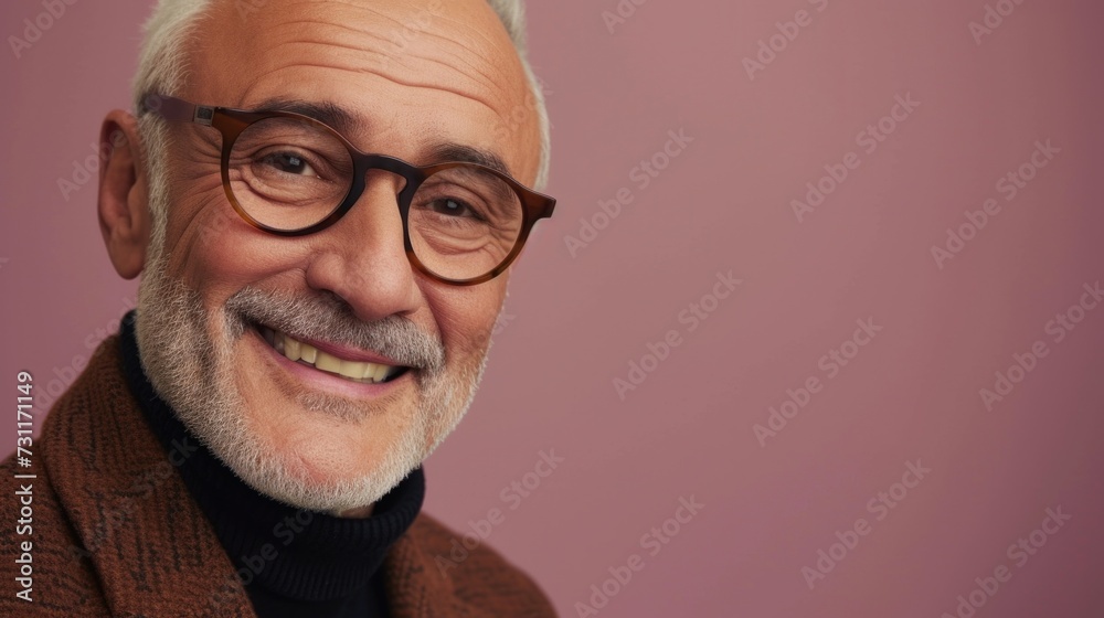 Smiling older man with white beard and glasses wearing brown jacket and black turtleneck against pink background. Smiling older man with white beard and glasses wearing brown jacket and black turtleneck against pink background.