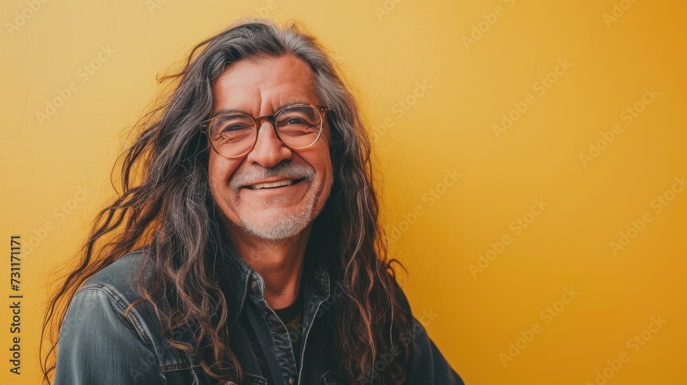 A man with long curly hair and glasses smiling against a yellow background.
