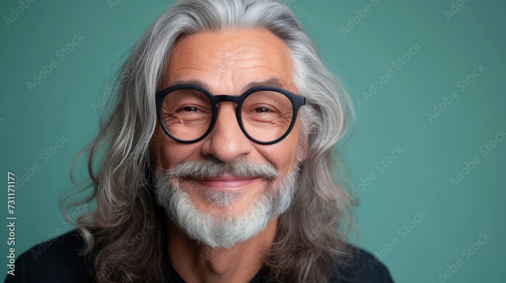 Smiling man with gray hair beard and glasses wearing a black shirt against a green background. Smiling man with gray hair beard and glasses wearing a black shirt against a green background.