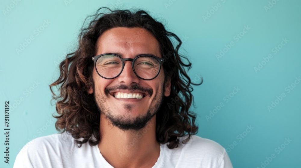 Smiling man with curly hair and glasses wearing a white t-shirt against a light blue background. Smiling man with curly hair and glasses wearing a white t-shirt against a light blue background.