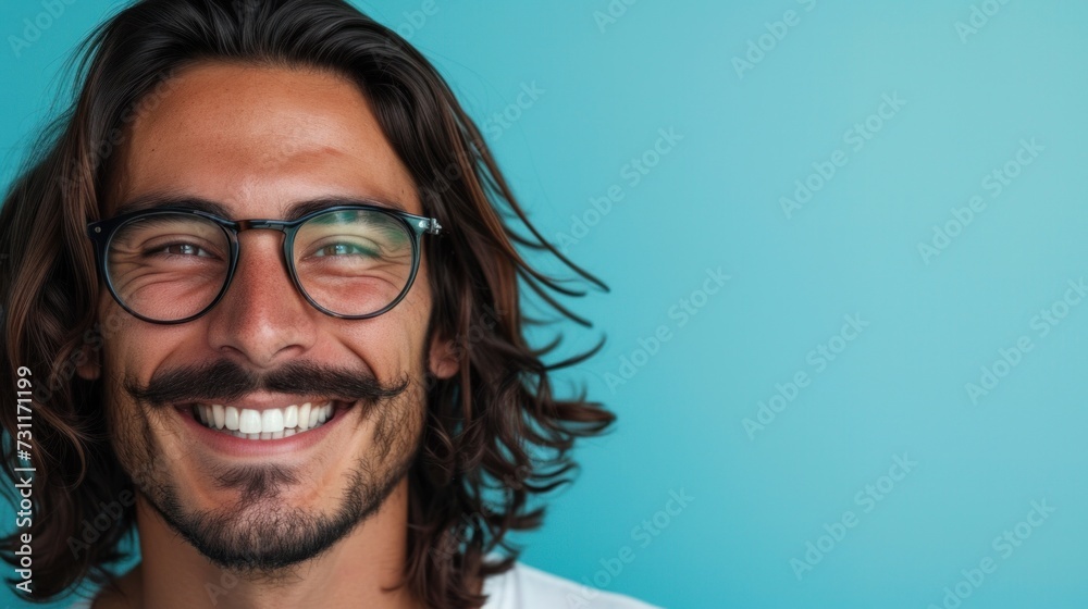 Smiling man with glasses and mustache against blue background. Smiling man with glasses and mustache against blue background.