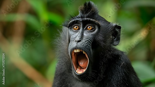 Celebes crested macaque with open mouthclose up portrait on the green natural background
