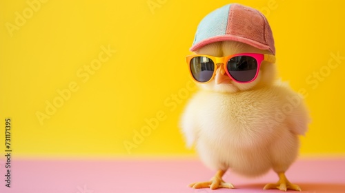 cute young fluffy Easter chick baby with cap and sunglasses photo