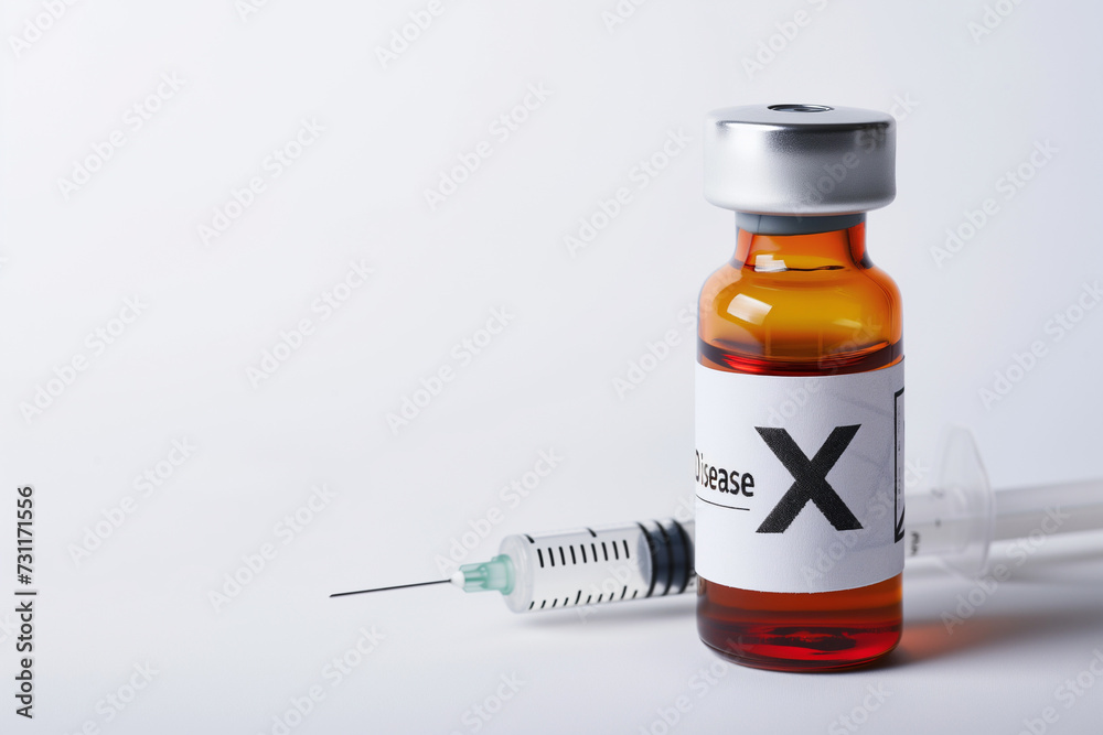 Virus vaccine with syringe, sign Disease X on the bottle. X sign on vaccine vial for dangerous new pandemic virus. Virus protection, vaccination concept. Copy space for text