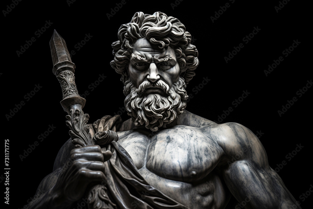 Greek god sculpture with modern weapon. Marble, stone sculpture holding a gun. God of war, eternal war. Army, military training