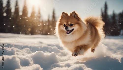 cute male Pomeranian running through the snow, warm light © abu