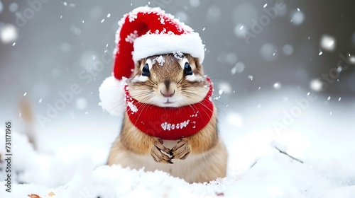 Chipmunk in snow with winter clothes like Santa Claus Christmas style hat and sweater