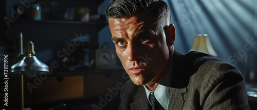 male private investigator in a film noir scene