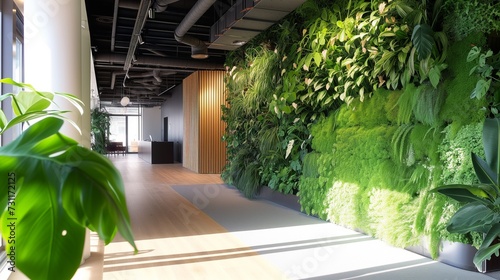 Modern office interior boasting a lush green living wall, incorporating sustainable design with vibrant flora and fauna, reflecting a nature-friendly company ethos. photo