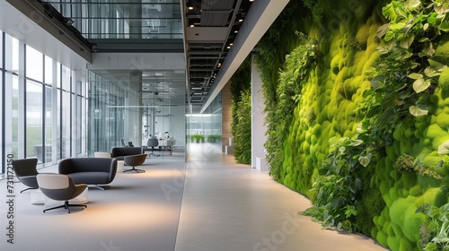 Modern office interior boasting a lush green living wall, incorporating sustainable design with vibrant flora and fauna, reflecting a nature-friendly company ethos.
