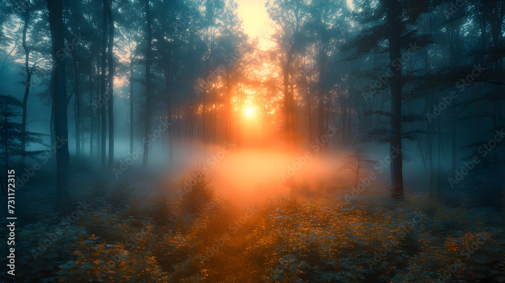 Misty Sunrise in a Colorful Flower Forest