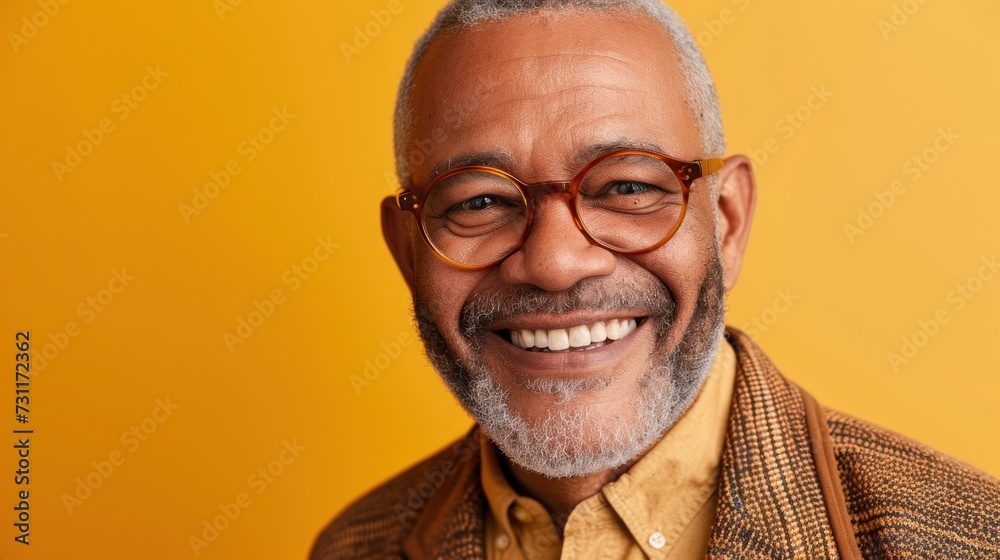 Smiling man with gray beard and glasses wearing brown jacket against yellow background. Smiling man with gray beard and glasses wearing brown jacket against yellow background.