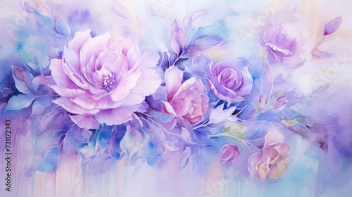 Softly Blended Hues, Purple and Blue Watercolor Painting of Flowers, Resembling Oil Paintings