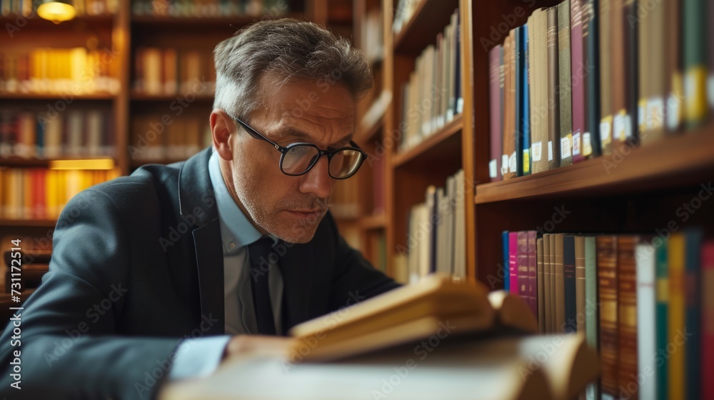 Legal researcher in a law library, poring over volumes of legal texts and precedents Legal researcher in a law library, poring over volumes of legal texts and precedents