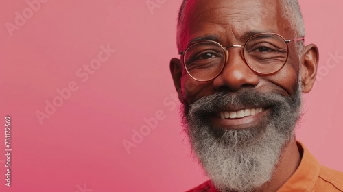 Smiling man with gray beard and glasses against pink background.