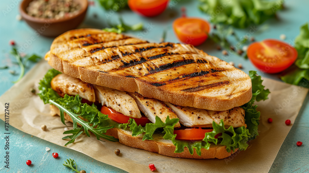 Appetizing sandwich with grilled chicken and vegetables