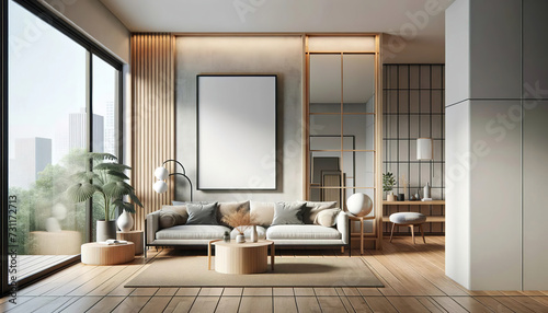 Modern living room bathed in natural light with a large window showcasing a cityscape  featuring a sleek sofa  wooden accents  and minimalist decor.Modern home concept. AI generated.