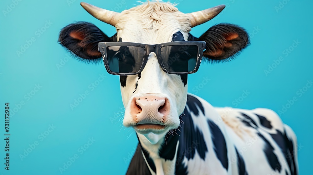 Cow wearing sunglasses in front of a blue background
