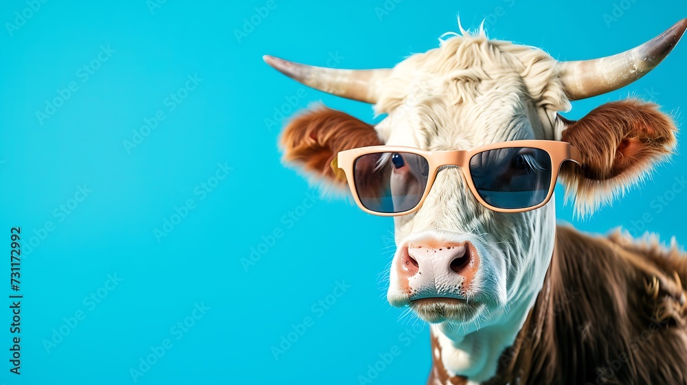 Cow wearing sunglasses in front of a blue background Cow wearing sunglasses in front of a blue background