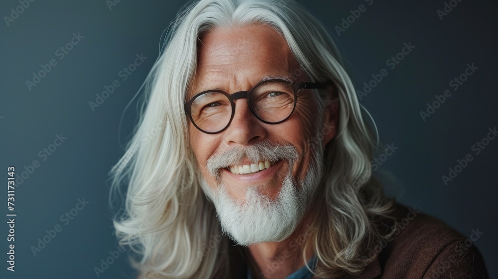 Smiling man with white hair and beard wearing glasses in a brown suit. Smiling man with white hair and beard wearing glasses in a brown suit.