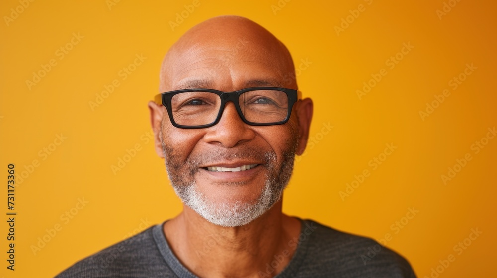 Smiling bald man with glasses and gray beard against yellow background. Smiling bald man with glasses and gray beard against yellow background.