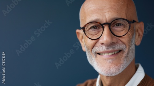 A bald man with glasses and a white beard smiling against a blue background.